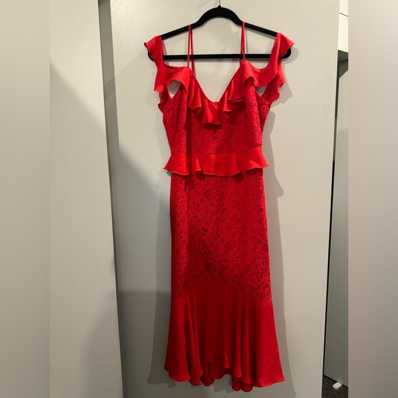Lulu’s Dance of Romance Red Lace Cold-Shoulder Midi Dress - Picture 6 of 12